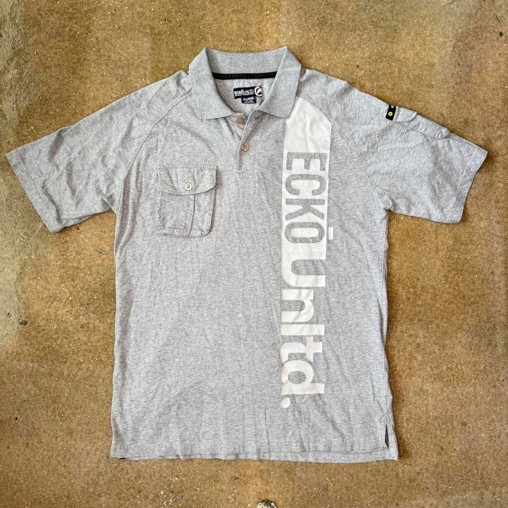 Ecko Unltd Mens XL Polo Shirt Gray Short Sleeve Graphic Utility Pocket Cotton